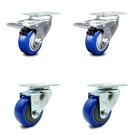 Service Caster 3 Inch Blue Polyurethane Wheel Swivel Top Plate Caster Total Lock Brakes, 2PK SCC-TTL20S314-PPUB-BLUE-2-S-2